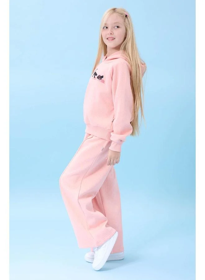 Perendi Girl's Hooded Winter Set with Fleece Lining, Cat Embroidery, Sherdona Fabric – Yavruağzı.