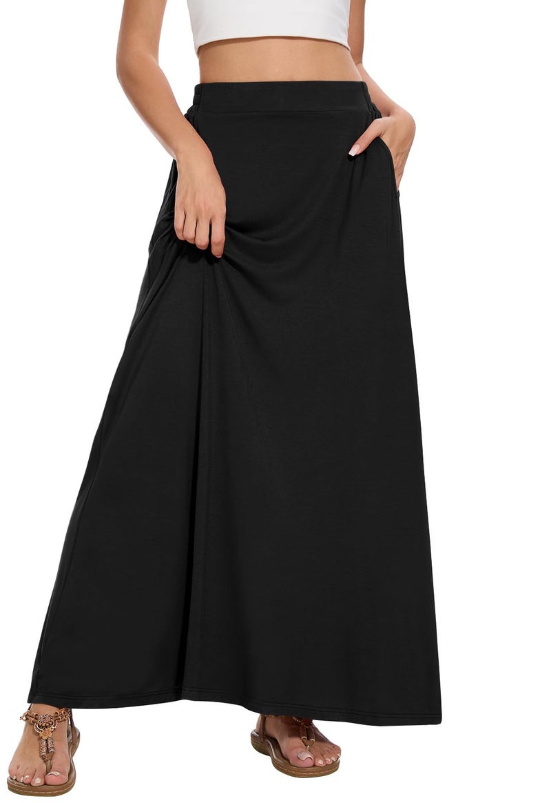 Leafsay Womens Maxi A-line Long Summer Skirt Elastic High Waist Flowy Skirt with Pockets(Black,XL) - Image 2