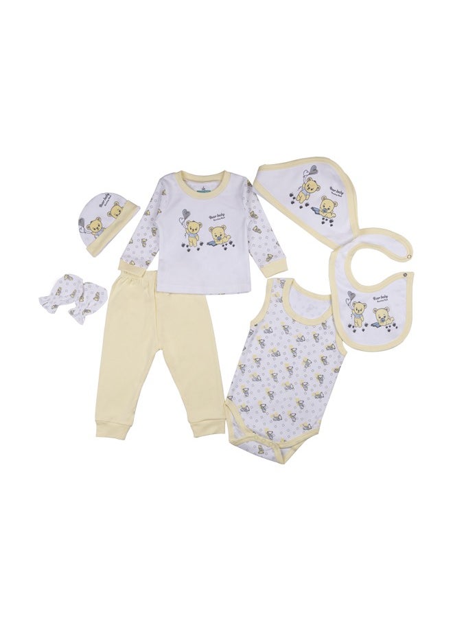 Babies Basic 7 Piece Unisex 100% Cotton Gift Set Include Bib, Pyjama, Mitten, Cap, Romper, Top And Bottom Set  - Image 1