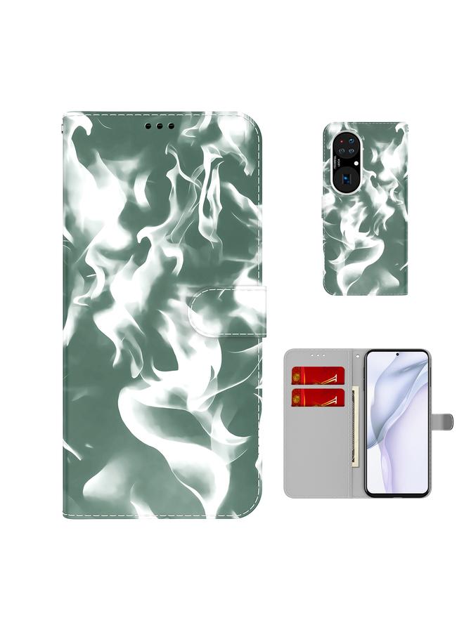 زبون جراب لهاتف Huawei P50 Pro بنمط ضباب سحابي، جراب جلدي قلاب أفقي مع حامل وفتحة بطاقة ومحفظة - Image 1