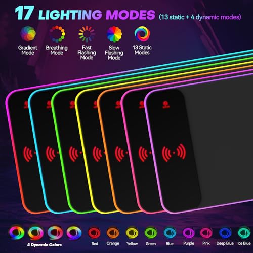 TIDALSOIL RGB Gaming Mouse Pad with 15W Wireless Charger, 17 Lighting Modes LED Mouse Mat, Extra Large 27.6"x11.8" Extended Mouse Pad with Non-Slip Base, Type-C Plug & Play, for Keyboard, Mouse, and Phone - Image 3