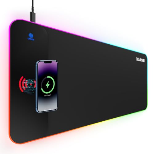 TIDALSOIL RGB Gaming Mouse Pad with 15W Wireless Charger, 17 Lighting Modes LED Mouse Mat, Extra Large 27.6"x11.8" Extended Mouse Pad with Non-Slip Base, Type-C Plug & Play, for Keyboard, Mouse, and Phone - Image 1