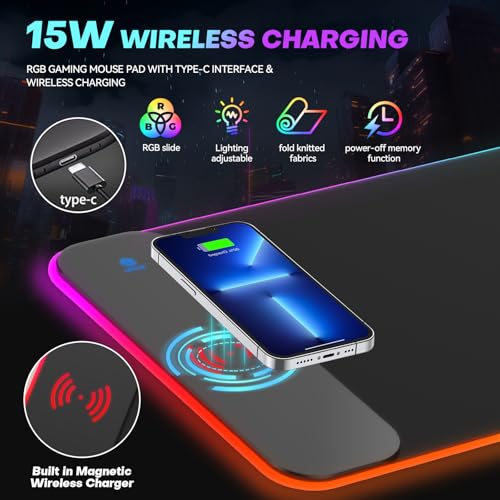 TIDALSOIL RGB Gaming Mouse Pad with 15W Wireless Charger, 17 Lighting Modes LED Mouse Mat, Extra Large 27.6"x11.8" Extended Mouse Pad with Non-Slip Base, Type-C Plug & Play, for Keyboard, Mouse, and Phone - Image 2