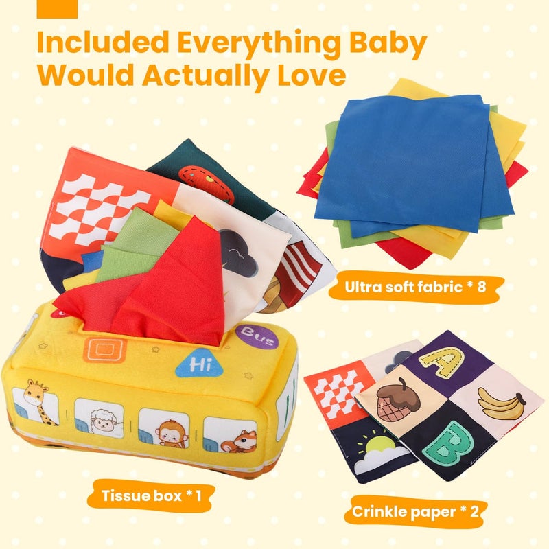 Patpat ® Soft Tissue Box Toy for 1 Year Old Boy Baby Animal Bus Cloth Tissue Box Montessori Toys for 2 Year Old Fine Motor Sensory Toys with 8Pcs Sheer Tissues & 2Pcs Cartoon Crinkle Tissues - Image 2