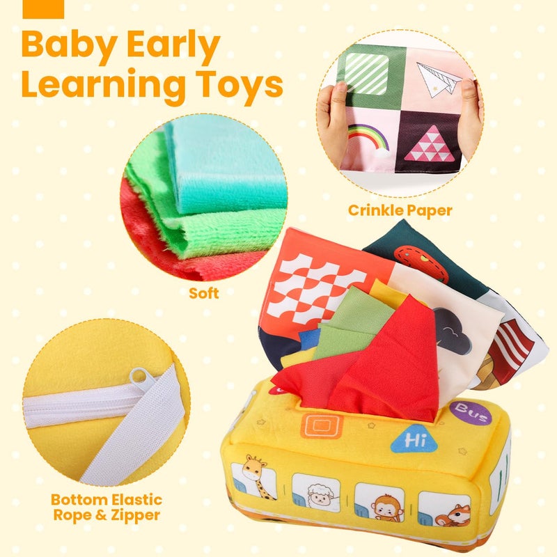 Patpat ® Soft Tissue Box Toy for 1 Year Old Boy Baby Animal Bus Cloth Tissue Box Montessori Toys for 2 Year Old Fine Motor Sensory Toys with 8Pcs Sheer Tissues & 2Pcs Cartoon Crinkle Tissues - Image 4