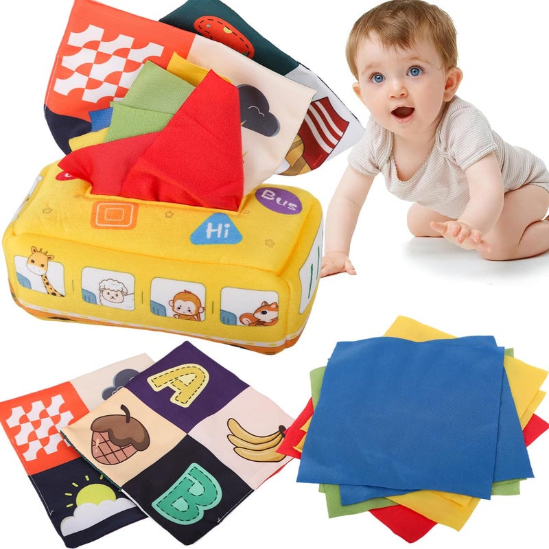 Patpat ® Soft Tissue Box Toy for 1 Year Old Boy Baby Animal Bus Cloth Tissue Box Montessori Toys for 2 Year Old Fine Motor Sensory Toys with 8Pcs Sheer Tissues & 2Pcs Cartoon Crinkle Tissues - Image 1