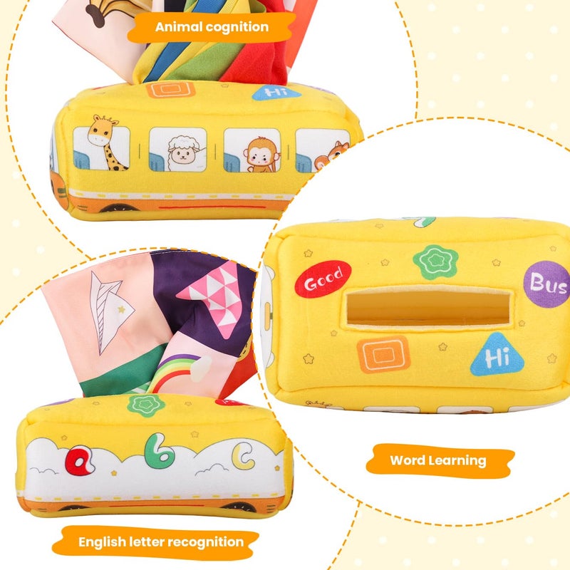 Patpat ® Soft Tissue Box Toy for 1 Year Old Boy Baby Animal Bus Cloth Tissue Box Montessori Toys for 2 Year Old Fine Motor Sensory Toys with 8Pcs Sheer Tissues & 2Pcs Cartoon Crinkle Tissues - Image 5