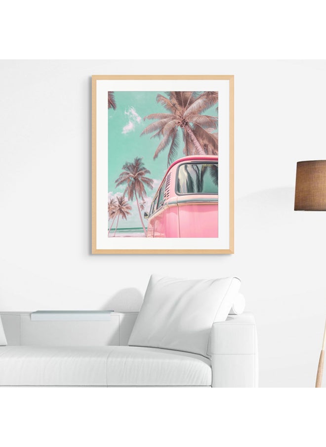 Art Decor - Art Decor Framed Fine Art Pink Vintage Van Portrait Beach with Palm Trees Pastel Aesthetic Coastal Print with Matt Board Wall Décor for Living Room Bedroom Home Office Hotel Gifting - Image 1