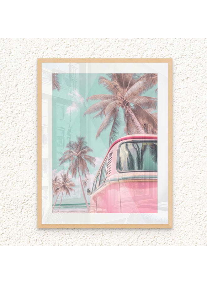 Art Decor - Art Decor Framed Fine Art Pink Vintage Van Portrait Beach with Palm Trees Pastel Aesthetic Coastal Print with Matt Board Wall Décor for Living Room Bedroom Home Office Hotel Gifting - Image 1