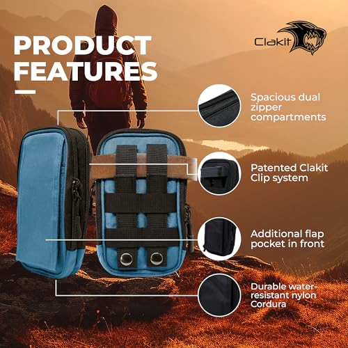 Clakit XL Strap Pack Travel Pouch, Double Zipper Passport Holder - Multi Pocket Organizer Cellphone Pouch with Clip, Backpack Accessories for Everyday Carry Hiking Travel Wallet - Blue - Image 3