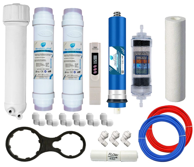 Shapure Ro Service Kit with 80 GPD Membrane & Filter kit for Water Purifier (Alkaline Membrane Inline Spun Carbon Sediment Cartridge TDS Meter)(Works up to 2500)(Alkaline Yearly Kit) - Image 1