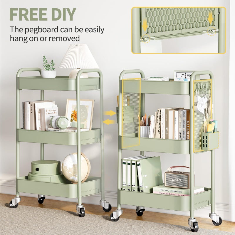 TOOLF 3 Tier Rolling Cart Storage Organizer, Metal Rolling Utility Cart with Wheels, Hooks & Bins Esthetician Craft Art Sturdy Storage with Pegboard for Bathroom, Kitchen, Office, Nursery Diaper - Image 3