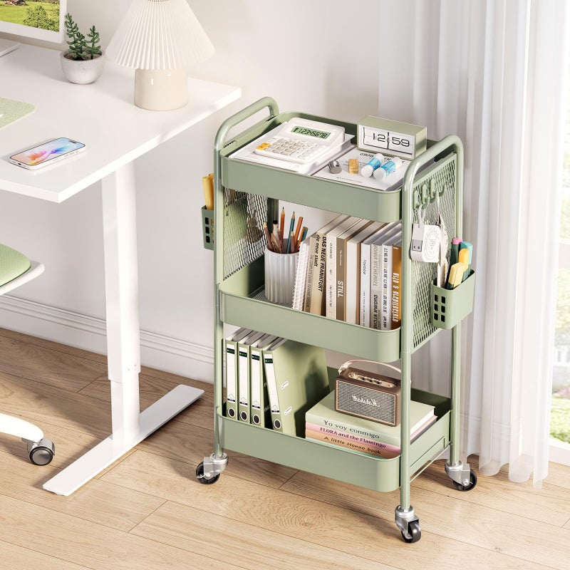 TOOLF 3 Tier Rolling Cart Storage Organizer, Metal Rolling Utility Cart with Wheels, Hooks & Bins Esthetician Craft Art Sturdy Storage with Pegboard for Bathroom, Kitchen, Office, Nursery Diaper - Image 2