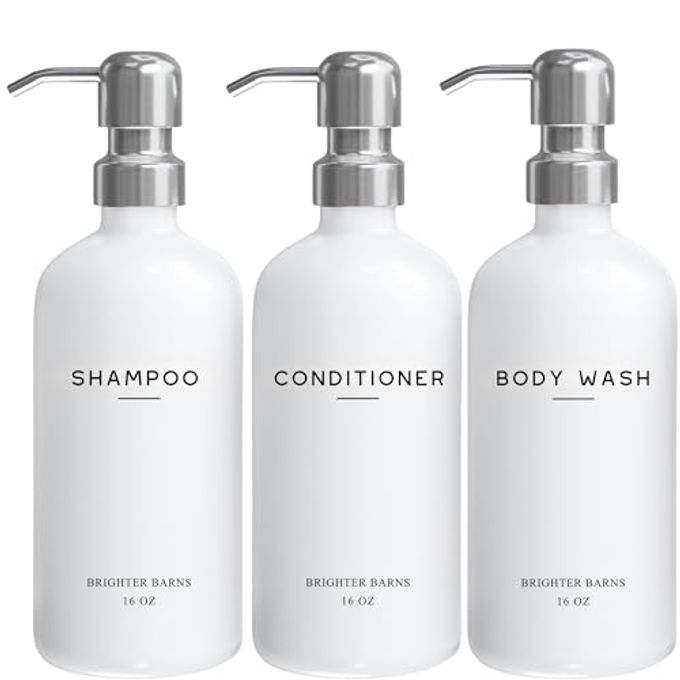 WHITE SHAMPOO AND CONDITIONER DISPENSER SET BY SHOWER DISPENSER FOR BATHROOM REFILLABLE PLASTIC SHAMPOO BOTTLE STAINLESS STEEL PUMP SHAMPOO DISPENSER FOR VACATION RENTAL WHITE