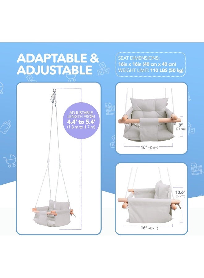 CaTeam - Canvas Baby Swing, Wooden Hanging Swing Seat Chair with Safety Belt, Durable Baby Hammock Chair, Outdoor and Indoor Swing for Kids, Mounting Hardware Included, Gray - Image 5
