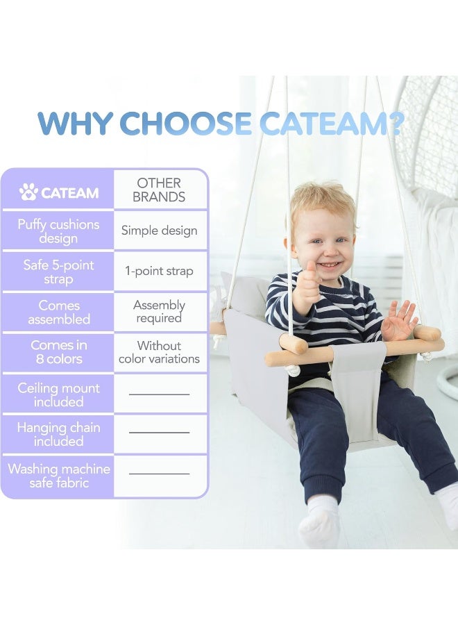 CaTeam - Canvas Baby Swing, Wooden Hanging Swing Seat Chair with Safety Belt, Durable Baby Hammock Chair, Outdoor and Indoor Swing for Kids, Mounting Hardware Included, Gray - Image 4