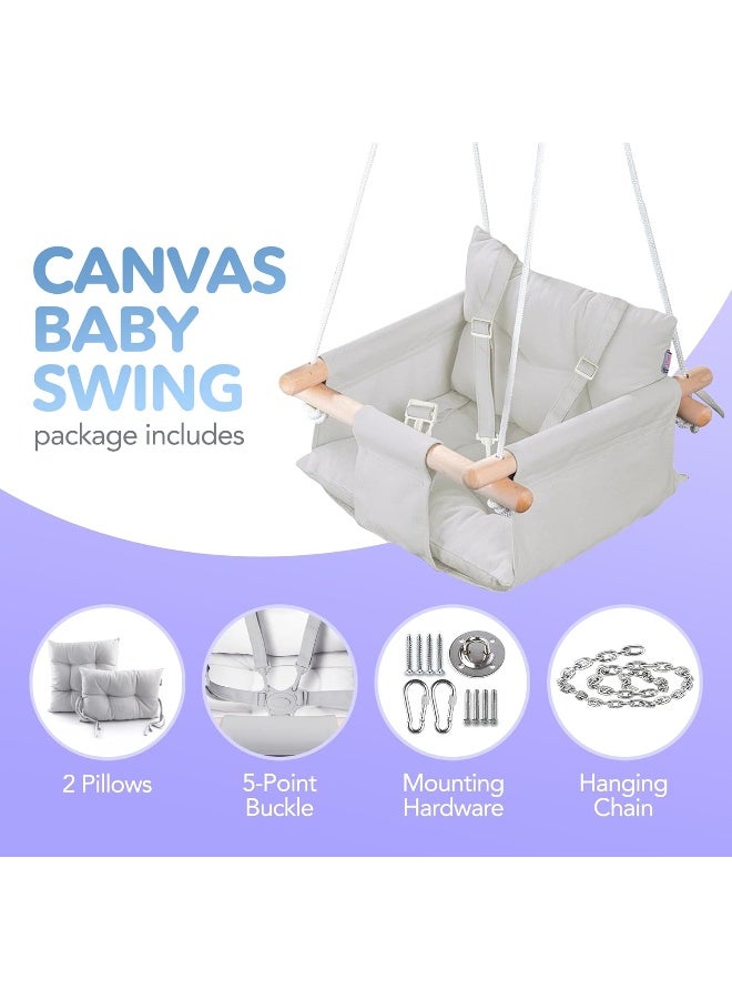 CaTeam - Canvas Baby Swing, Wooden Hanging Swing Seat Chair with Safety Belt, Durable Baby Hammock Chair, Outdoor and Indoor Swing for Kids, Mounting Hardware Included, Gray - Image 3