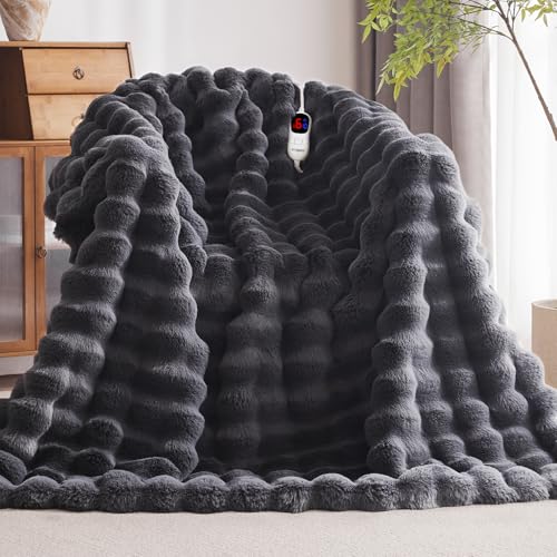 Anysay Heated Blanket Full Size with 1/2/4/6/8 Hours Auto-Off 10 Heat Level, 62'' * 84'' Cozy Faux Rabbit Fur Bubble Electric Blanket with Overheat Protection(Dark Grey) - Image 2