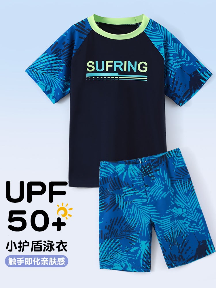Fat Children, Strong Children, Big Children Sun Protection Short Sleeve Swimsuit Set Upf50+, Professional Sun Protection Pool Beach Worry-Free - Image 2
