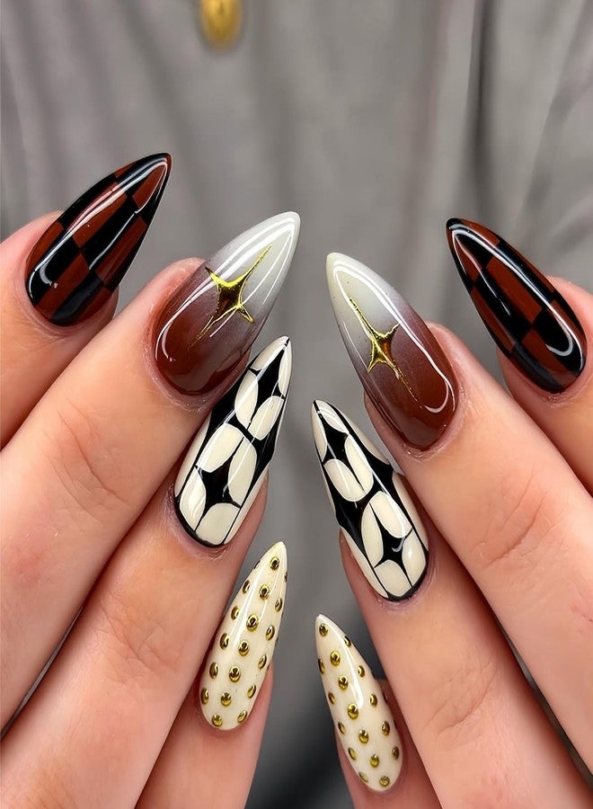 HJKDSFD Almond Press on Nails Medium Length Fake Nails French Tip Nails Press on Cute Gradient Glue on Nails Reusable Almond Shaped False Nails Glossy Stars Acrylic Nails Kit for Women Girls 24Pcs - Image 1