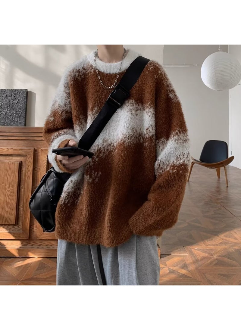 Generic Oversize American Retro Color Block Lazy Style Mens Knitwear Winter Loose Warm Outerwear Long Sleeve round Neck Pullover 1101 brown  - Image 1