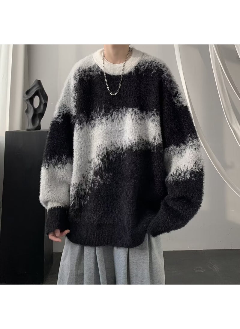 Generic Oversize American Retro Color Block Lazy Style Mens Knitwear Winter Loose Warm Outerwear Long Sleeve round Neck Pullover 1101 brown  - Image 3