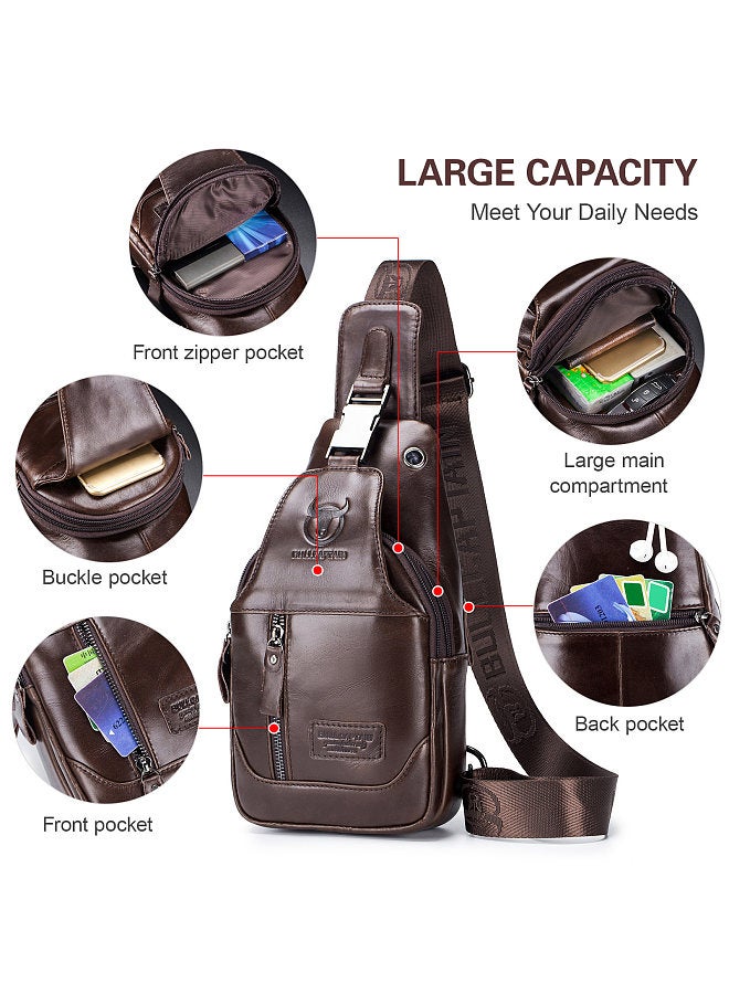 BULLCAPTAIN Men's Leather Sling Bag Waterproof Crossbody Pack Chest Shoulder Backpack for Hiking Cycling Mountaineering Travelling  - Image 5