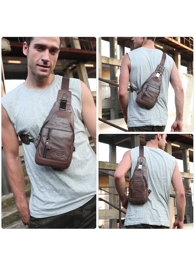 BULLCAPTAIN Men's Leather Sling Bag Waterproof Crossbody Pack Chest Shoulder Backpack for Hiking Cycling Mountaineering Travelling  - Image 3