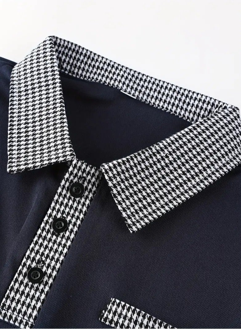 NIBEMINENT Houndstooth Casual Slightly Stretch Button Up Short Sleeve Shirt, Men's Shirt For Summer - Image 4
