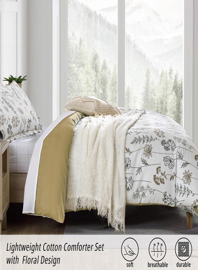 ALEISSEL White Botanical Cotton Comforter Queen Size - 3PC Lightweight Bedding Sets with Ultra-Soft Alternative Fill, Luxurious Pale Mustard Reversible Design (1 Comforter, 2 Pillowshams) - Image 2