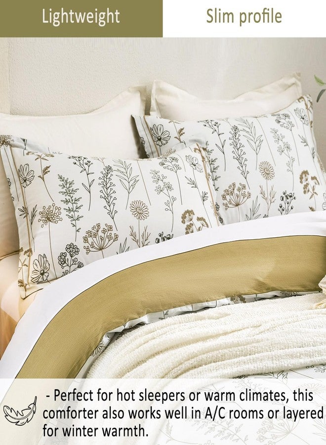 ALEISSEL White Botanical Cotton Comforter Queen Size - 3PC Lightweight Bedding Sets with Ultra-Soft Alternative Fill, Luxurious Pale Mustard Reversible Design (1 Comforter, 2 Pillowshams) - Image 4