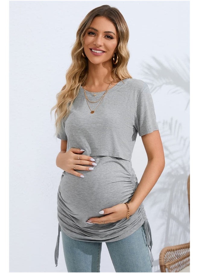 Sosolism - 4 in 1 Women's Maternity Nursing T-Shirt Dress for Breastfeeding Solid Short Sleeve Top Light Grey - Image 1