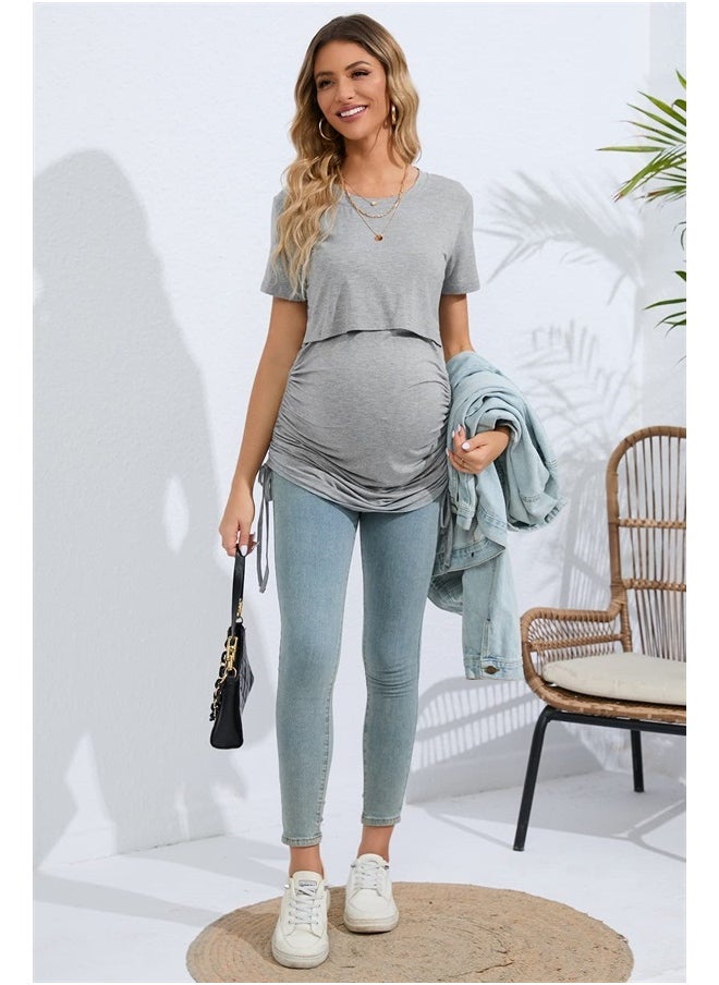 Sosolism - 4 in 1 Women's Maternity Nursing T-Shirt Dress for Breastfeeding Solid Short Sleeve Top Light Grey - Image 1