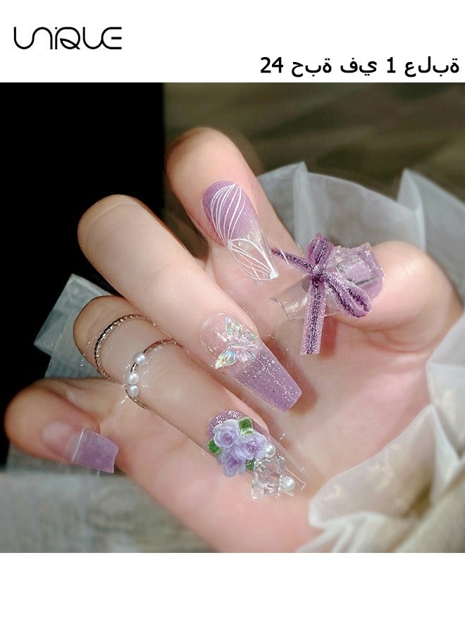 Unique 24Pcs Fake Nails, Press Nails, Mid-Almond Manicure - Sparkling Diamond Pearl Manicure - Gradient Purple Butterfly Manicure - Fake Nail Patch - Image 1