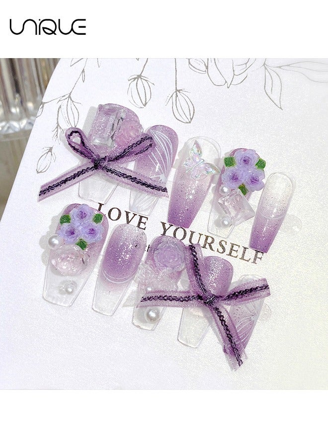 Unique 24Pcs Fake Nails, Press Nails, Mid-Almond Manicure - Sparkling Diamond Pearl Manicure - Gradient Purple Butterfly Manicure - Fake Nail Patch - Image 4
