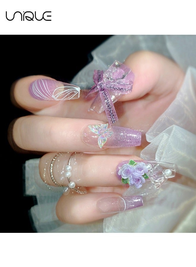 Unique 24Pcs Fake Nails, Press Nails, Mid-Almond Manicure - Sparkling Diamond Pearl Manicure - Gradient Purple Butterfly Manicure - Fake Nail Patch - Image 3