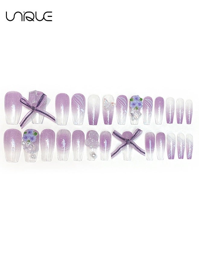 Unique 24Pcs Fake Nails, Press Nails, Mid-Almond Manicure - Sparkling Diamond Pearl Manicure - Gradient Purple Butterfly Manicure - Fake Nail Patch - Image 5