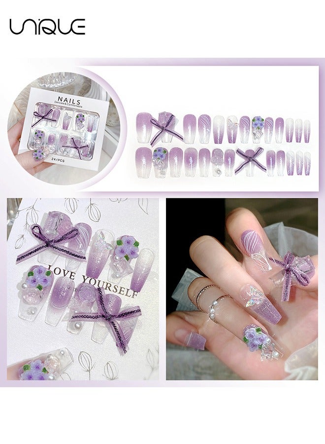 Unique 24Pcs Fake Nails, Press Nails, Mid-Almond Manicure - Sparkling Diamond Pearl Manicure - Gradient Purple Butterfly Manicure - Fake Nail Patch - Image 2