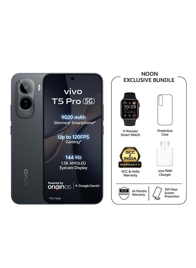 vivo T5 Pro 5G AI Dual SIM Black 12GB 256GB With Exclusive Gifts: Smartwatch, 90W charger, Protective Cover, 4-year free battery replacement And 24 Months Warranty + 1 Year Screen Replacement - Middle East Version - Image 1