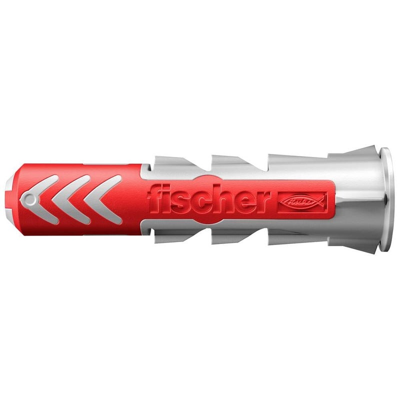 fischer DuoPower 8 x 40 Universal Wall Plug with Angle Hook, two-component nylon plug, matching hook, red expansion wings, for concrete brick aerated concrete plasterboard chipboard and hollow block