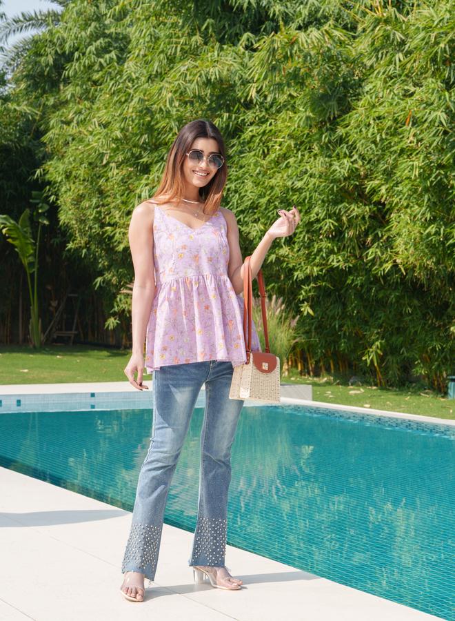 DW Floral Printed Pure Cotton Strappy Peplum Top - Image 2