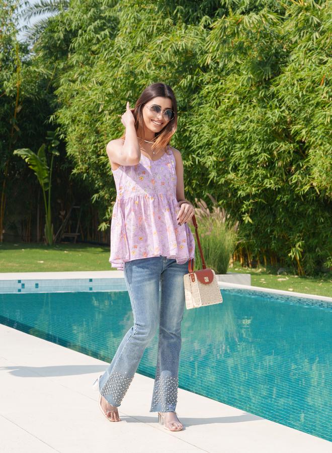 DW Floral Printed Pure Cotton Strappy Peplum Top - Image 4