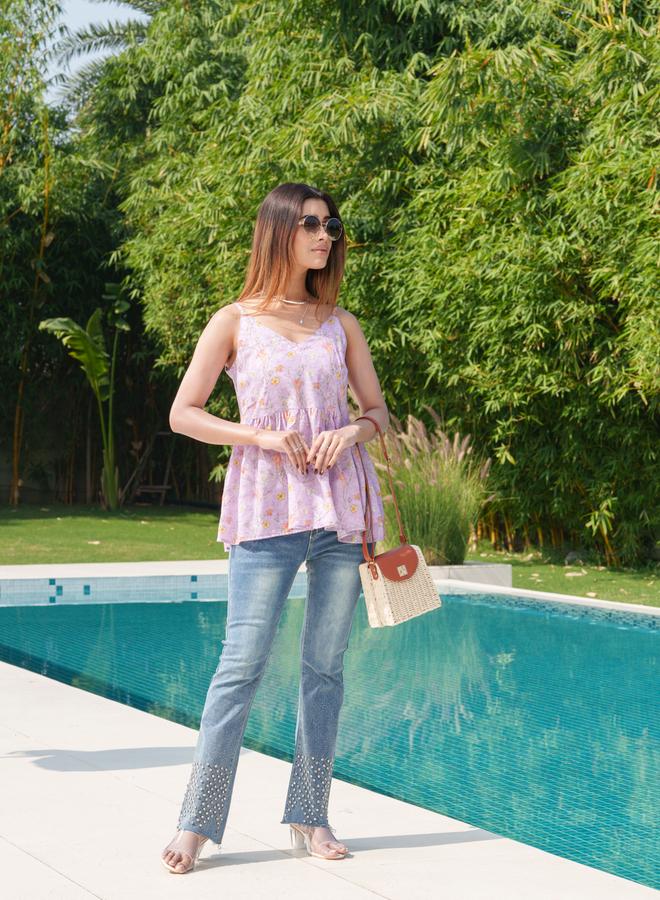 DW Floral Printed Pure Cotton Strappy Peplum Top - Image 5