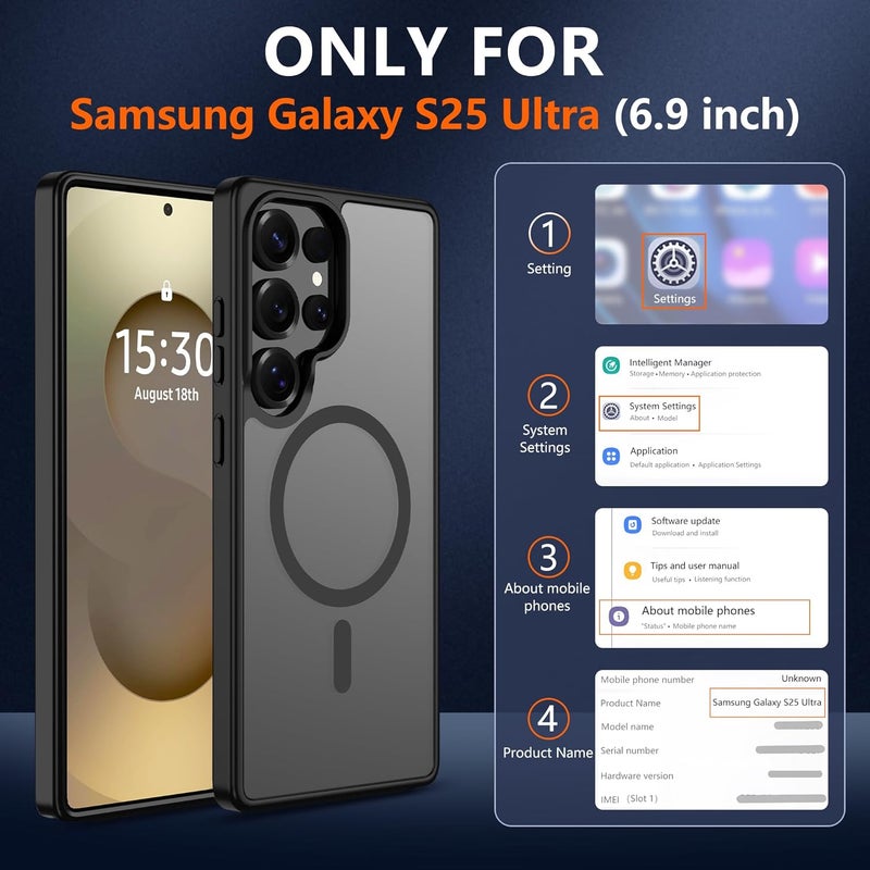 حافظة Pilaru المغناطيسية لهاتف Samsung S25 Ultra [متوافقة مع تقنية MagSafe] | 2 طبقة حماية للشاشة | مقاومة للتصفر وبصمات الأصابع، مقاومة للصدمات، نسيج ناعم وشفاف يناسب شكل الهاتف - لون أسود مات - Image 2