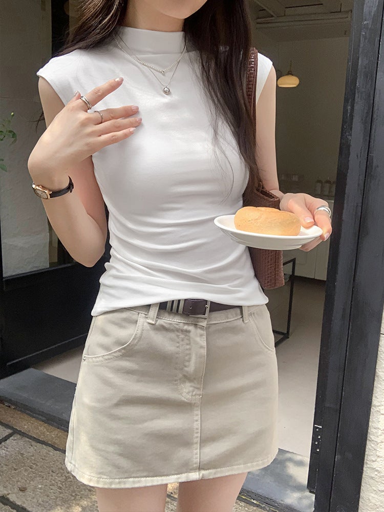 American Style Girl Korean Style Chic Gentle Sleeveless Short-Sleeved T-Shirt Women'S Summer Half-High Collar Top - Image 5
