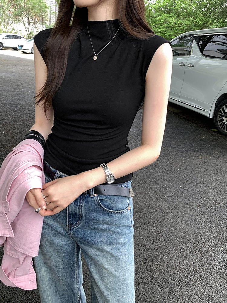 American Style Girl Korean Style Chic Gentle Sleeveless Short-Sleeved T-Shirt Women'S Summer Half-High Collar Top - Image 3