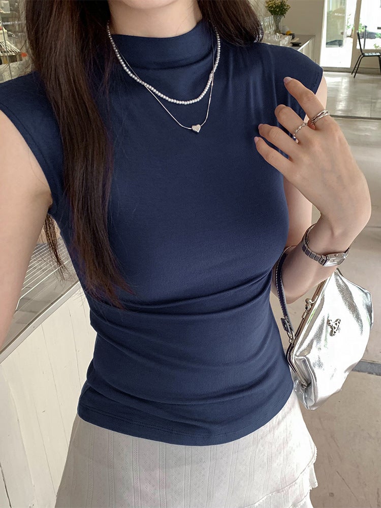American Style Girl Korean Style Chic Gentle Sleeveless Short-Sleeved T-Shirt Women'S Summer Half-High Collar Top - Image 4