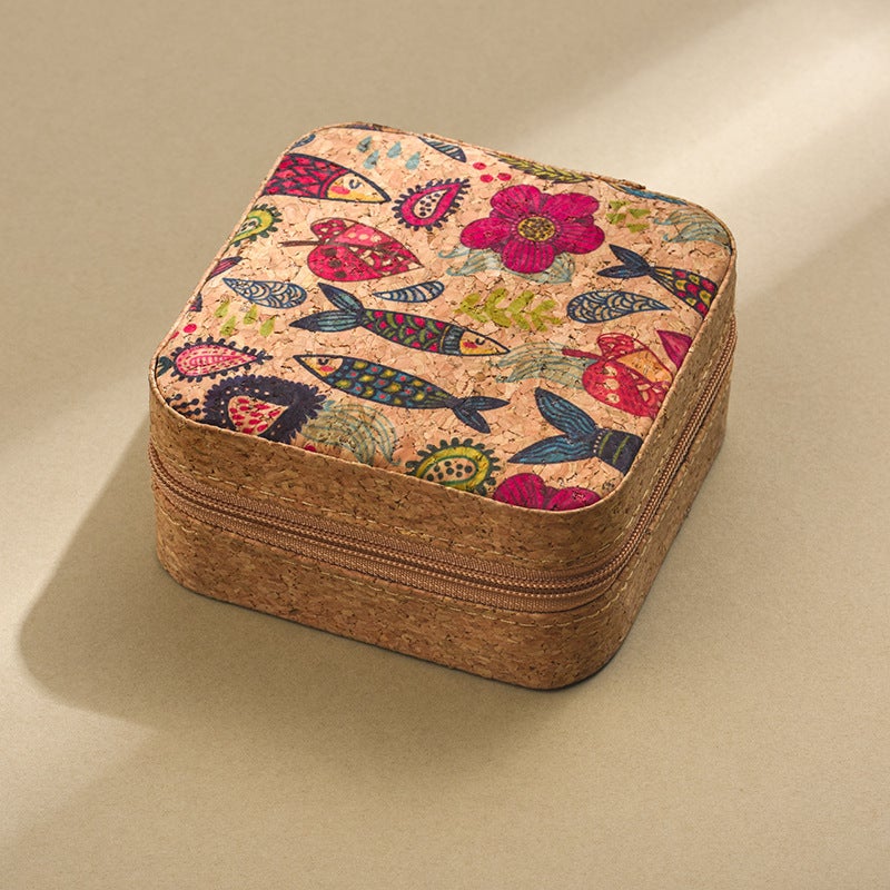 Portable Cork Jewelry Organizer Box Travel Case for Earrings Rings Necklace Storage with Zipper - Image 1