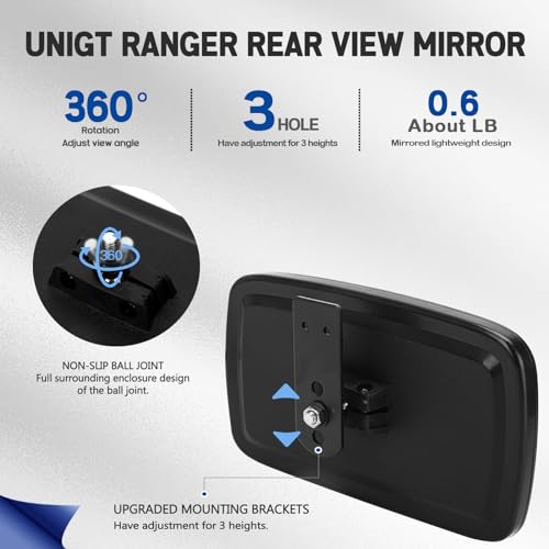 UNIGT Ranger Rear View Mirror, UNIGT Center Convex Rearview Mirrors Compatible with 2017-2025 Polaris Ranger 500 570 900 XP 1000 XP/Crew Fits Factory Present Drop Down Mounting Tab 2879969 - Image 4
