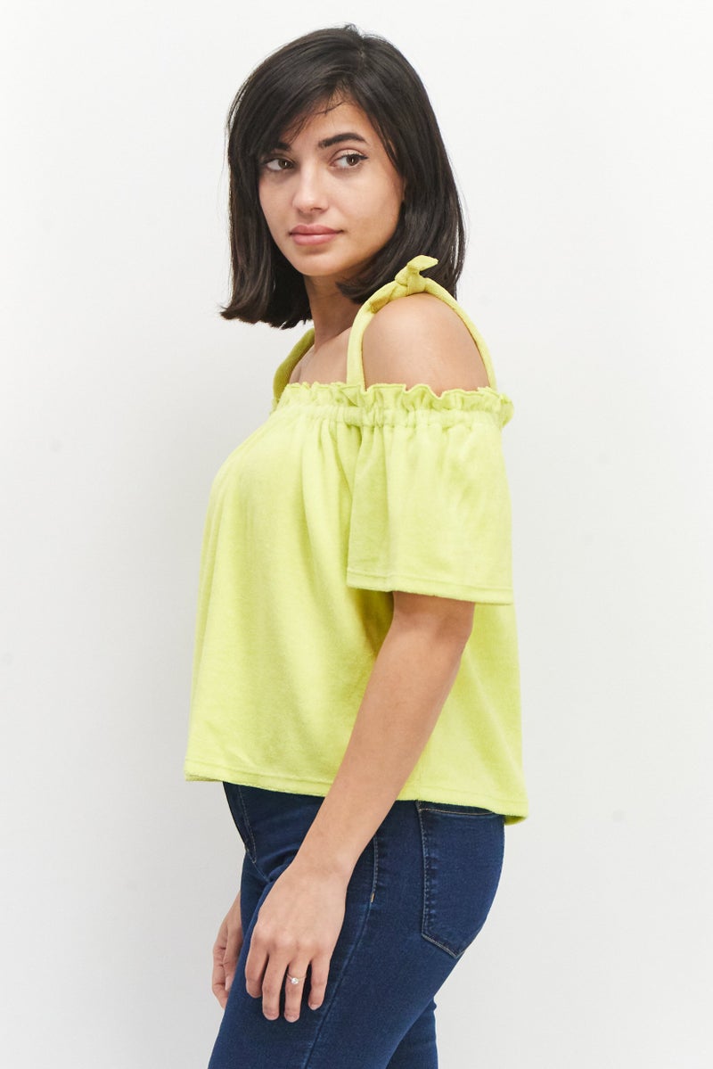 Juicy Couture Women Square Neck Cold Shoulder Sleeve Textured Top, Lime - Image 3